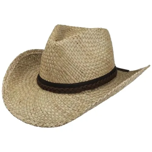 Lipodo Cowboyhut Westernstil Naturfarben Sommerlicher Sonnenhut 100% Stroh Damen Herren Frühling Sommer Natur L (58-59 cm)
