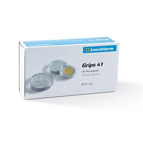 Leuchtturm 365356 Münzkapseln Grips - 40 Stück mit 41 mm Innendurchmesser - durchsichtige, klare Hüllen für Sammlermünzen