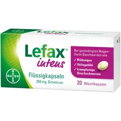 Lefax Intens Flüssigkapseln 250mg Simeticon - Schnelle Linderung von Blähungen - Arzneimittel zur symptomatischen Behandlung gasbedingter Magen-Darm-Beschwerden. Mit Simeticon für schnelle und zuverlässige Entlastung bei Völlegefühl und Bauchschmerzen.