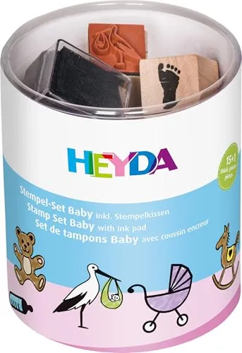Heyda 204888485 Stempel-Dose „Baby“ Motivgröße: ca. 1, 5 x 1, 5 cm, 15 Holz-Stempel