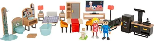 Small Foot Puppenhausmöbel-Set Modern aus Holz und Kunststoff - Umfangreiches Möbelset für Puppenhäuser: 30 Teile für Küche, Bad, Wohnzimmer und Schlafzimmer, inklusive 3 Spielfiguren, fördert Rollenspiel und soziale Kompetenzen, ideal für Kinder ab 3 Jahren.
