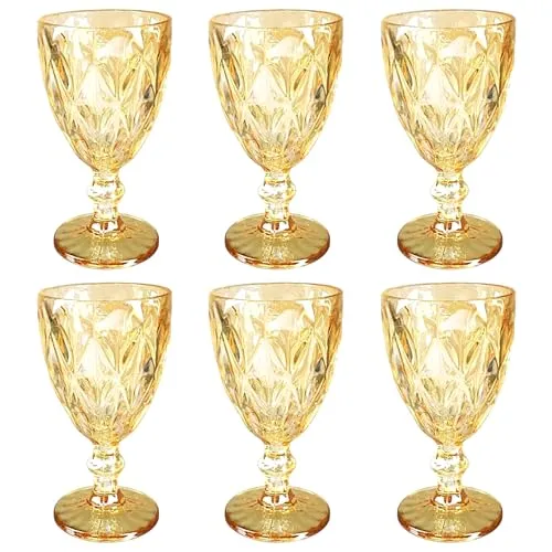 Vintage 6er-Set Farbige Weingläser und Trinkgläser mit Diamant Muster (Rombus) Longdrinkgläser, Cocktail Gläser mit Prägung, Glas, Trinkglas, Weinglas, Wasserglas, Glaskelche (Gold-Glanz Weinglas)