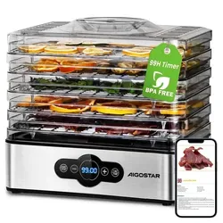Aigostar Dörrautomat 240W mit Temperaturregler und 5 Einlegefächern - Leistungsstarker Dörrautomat mit 5 stapelbaren Fächern und präziser Temperaturregelung von 35-70°C. Ideal für die Zubereitung von Snacks wie Obstchips und Trockenfleisch. Einfach zu reinigen und leise im Betrieb.