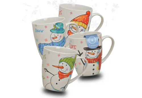 matches21 HOME & HOBBY Tasse Weihnachtstassen 4er Set Schneemann Ambiente mit Spruch, 4-tlg., Porzellan, Schöne 300 ml Porzellan Kaffee-Tassen bunte Weihnachtsmotive