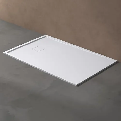 doporro Duschtasse Duschwanne 90x140x4 flach Mineralguss in Weiß inkl. Ablaufgarnitur AL06 DIN-Anschlüsse für bodenebene Montage geeignet Geoma08