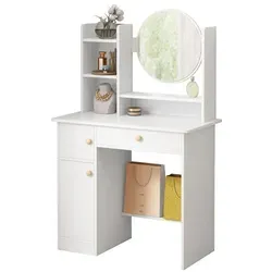 Rebiko Schminktisch Set Schminkkommode Schminktisch Kosmetiktisch Frisierkommode Frisiertisch, Spiegel & 2 Schubladen, weiß - Weiß