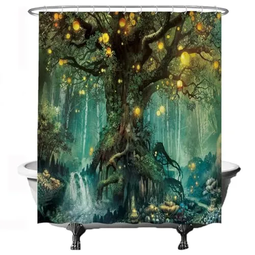 Ulticool Duschvorhang - Märchen Elfenbaum Magie Wald Natur - 180 x 200 cm – Waschbar – Wasserdicht - Anti Schimmel - mit 12 Ringe - Grün Gelb
