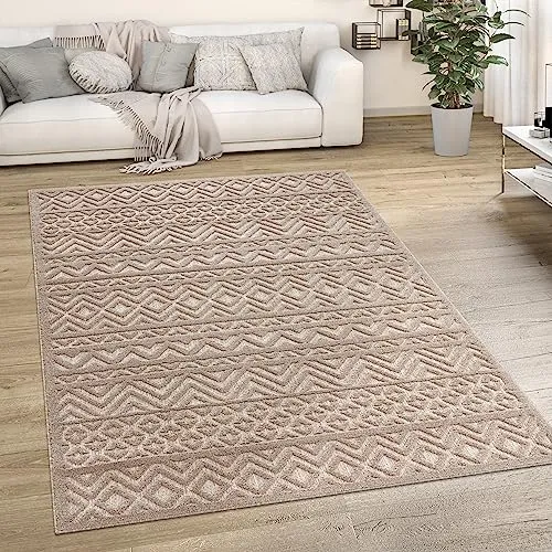 Paco Home Outdoor Teppich wetterfest & langlebig Moderne Boho-Designs mit 3D-Effekt Skandi-Look UV-beständig & robust für Balkon, Garten, Wohnzimmer & Küche, Grösse:60x100 cm, Farbe:Beige 3