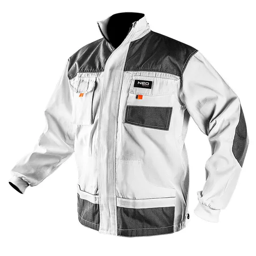 NEO TOOLS Herren-Arbeitsjacke, langarm, Malerjacke weiße, Größe M/50 reflektierende Elemente, 65% Polyester/35% Baumwolle, verstärkt mit Oxford-Gewebe an Ellbogen, entspricht EN ISO 13688:2013