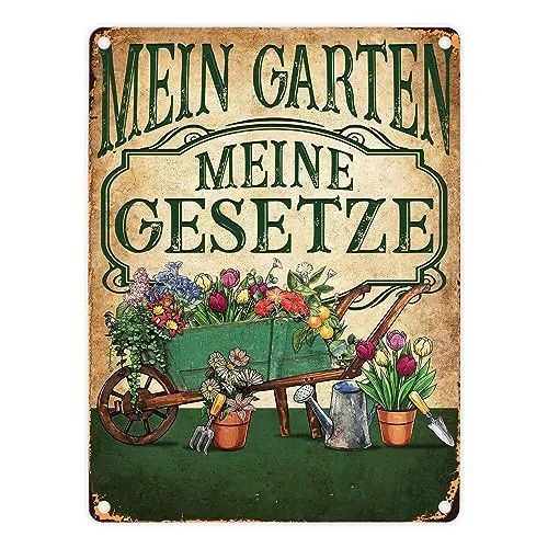 Mein Garten Meine Gesetze Metallschild in 15x20 cm mit Blumenwagen ein dekoratives Blechschild für Gartenfreunde Garten Hütte Gartenhaus Gärtner gärtnern