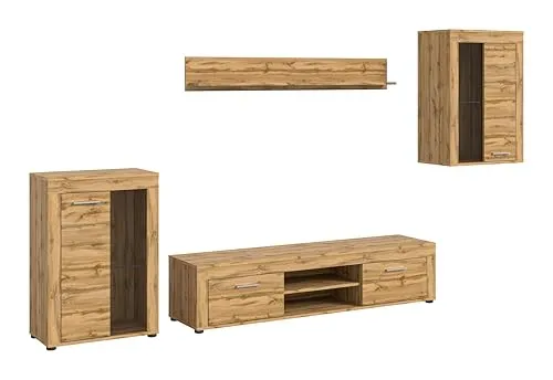 xonox.home 4-tlg. Wohnwand Jam in Wotan Eiche - Moderne Wohnwand für Ihr Wohnzimmer, gefertigt aus langlebiger Spanplatte mit eleganter Wotan Eiche Nachbildung. Bietet viel Stauraum mit 4 Regalfächern, ideal für Unterhaltungselektronik.