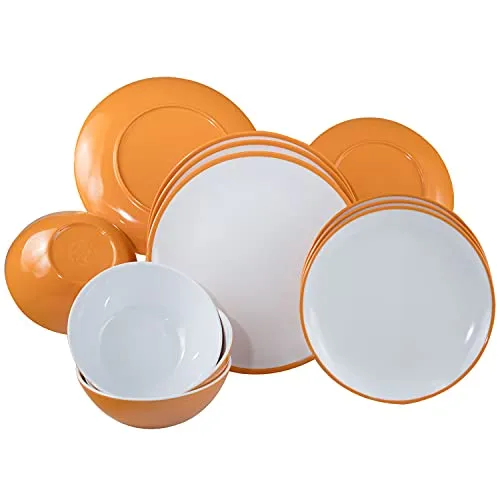 Camping Geschirr Set aus Melamin für 4 Personen - 12 Teile - Campinggeschirr - gelb weiß - Essgeschirr elegant spülmaschinengeeignet