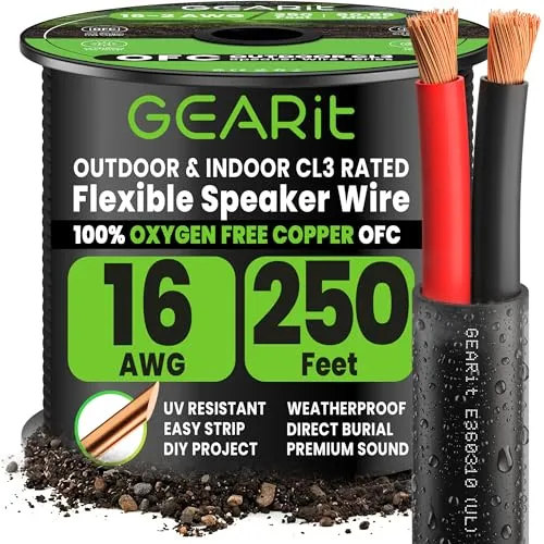 GEARit OFC Lautsprecher kabel 2 x 1,50 mm² 76 Meter Audio Kabel 16 AWG CL3 Speaker Cable HiFi Boxkabel 2 Adriges Kabel für Audiosystem/Heimkino/Auto Schwarz