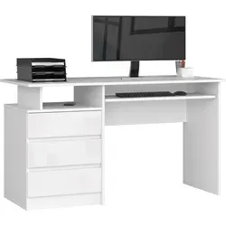 Raumhirsch Furniture Schreibtisch Weiß Hochglanz, 135 cm - Moderner Schreibtisch mit freistehender Rückwandverkleidung für flexible Raumgestaltung. Ideal für Home-Office und Büro, bietet viel Platz und praktischen Stauraum.