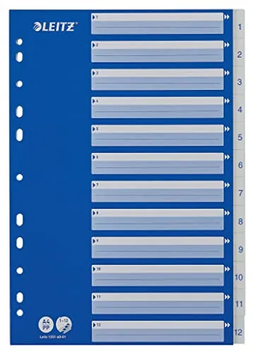 Leitz Register für A4, Deckblatt aus Karton und 12 Trennblätter aus Kunststoff, Taben mit Zahlenaufdruck 1-12, Blau/Weiß, 12516001
