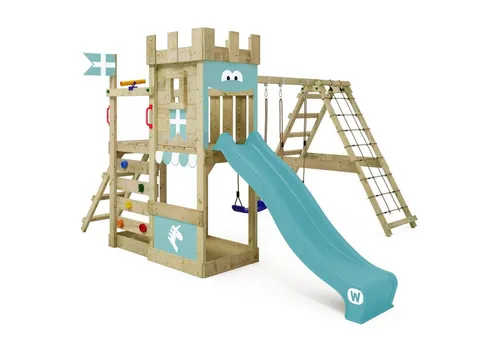Wickey Spielturm DragonFlyer Stelzenhaus – Ritterburg mit Kletteranbau - Schaukelspielplatz aus kesseldruckimprägniertem Massivholz, ideal für kreative Abenteuer. 10 Jahre Garantie auf Holzelemente und inklusive Wellenrutsche mit Wasseranschluss!