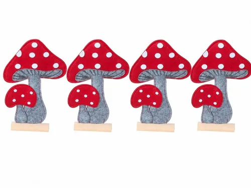 Geschenkestadl Dekoobjekt Fliegenpilz Holzaufsteller 4er Set Filz Herbst Deko Waldzauber 23,5cm (Spar-Set, 4 St., 4er Set), Pilze aus Filz mit einem Holzfuß