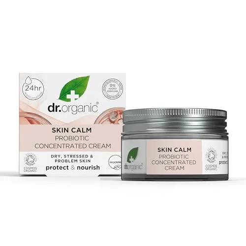Dr Organic Skin Calm Probiotic Concentrated Cream, Für Rötungen, Trockene, Empfindliche & Reizbare Haut, Dermatologisch Getestet, Vegan, Tierversuchsfrei, Paraben- & SLS-frei, Zertifiziert Bio, 50ml