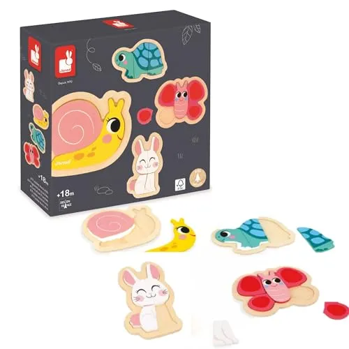 Janod - 4 Holzpuzzle mit 2 bis 5 Teilen - Puzzle zum Thema Gartentiere - Kinderspielzeug - Pädagogische Spiele - Baby- und Kleinkindspielzeug Ab 18 Monaten, J07116
