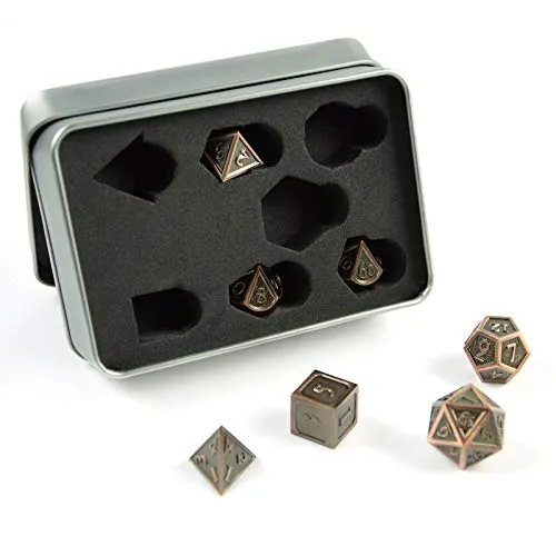 shibby 60014773 - 7 polyedrische Metall-Würfel für Rollen- und Tabletopspiele in Steampunk Kupfer-Bronze-Optik inkl. Aufbewahrungsbox