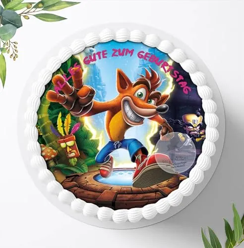 Für die Geburtstags Torte mit Wunschname, Zuckerbild kompatibel mit: Crash Bandicoot, Essbares Foto für Torten, Fondant, Tortenaufleger Ø 20cm, 0090z