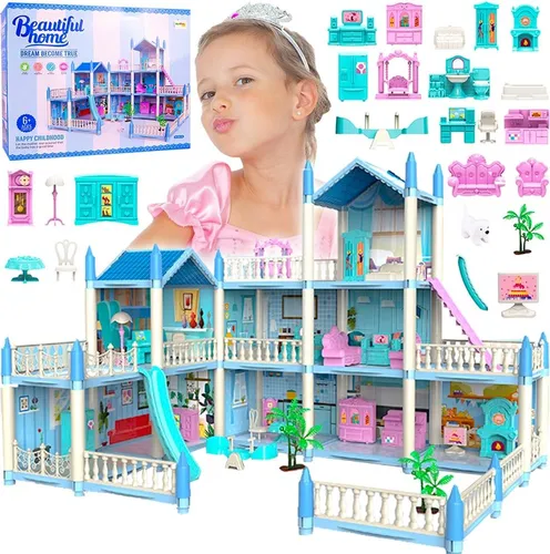 Malplay XXL möbliertes Puppenhaus Villa mit Möbeln & Zubehör Playground 3 Etagen 52x41x48cm Puppenstube für Mädchen