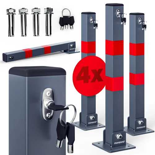 Parkplatzsperre 4er-Set 5x5x65cm inkl Schlüssel - Schilder für effektiven Schutz Ihres Parkplatzes! Massive Stahlkonstruktion, klappbar und abschließbar mit 3 Schlüsseln, sorgt für Sicherheit und Sichtbarkeit bei Tag und Nacht.