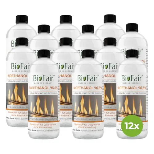 BioFair Bioethanol 96% Brennstoff für Ethanolkamine, Bioethanolkamin, Ethanol Tischkamin, Wandkamin Indoor (12x1L, 12, Liter)