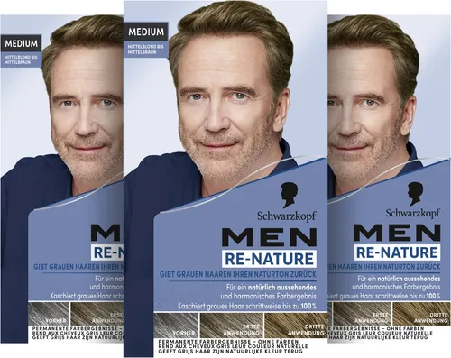 MEN RE-NATURE Naturton Mittelblond bis Mittelbraun, 3x 145 ML - Haarfärbemittel für alle Haartypen, bietet eine natürliche Farbnuance von Mittelblond bis Mittelbraun. Ideal für Erwachsene und Jugendliche, um das Haar zu verschönern.