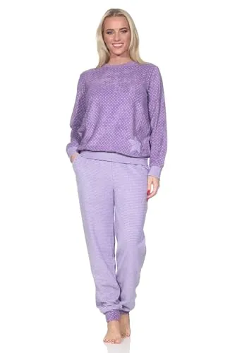 Normann Damen Frottee Pyjama mit Bündchen - Tupfen- und Ringeldesign, Übergrößen erhältlich, Farbe: Tupfen lila, Größe: 48-50 - Kuscheliger Damen Frottee Pyjama für kalte Nächte, mit Bündchen für optimalen Sitz. Elegantes Tupfen- und Ringeldesign. Auch in Übergrößen erhältlich, für höchsten Schlafkomfort.