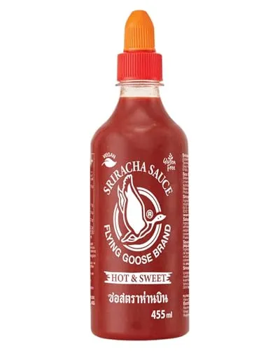 FLYING GOOSE Sriracha Chilisauce, scharf & süß, orange Kappe, scharfe Würzsauce aus Thailand, 1 x 455 ml
