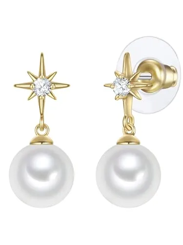 Yokoamii Damen Ohrhänger aus Messing gelbvergoldet 14 Karat mit rund Muschelkernperle ca. 10,0-10,5 mm weiß