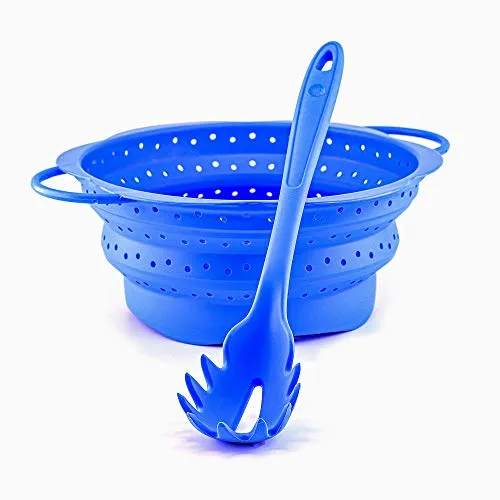 Kochblume Pastalöffel & Faltsieb L 2er Set – Premium-Silikon, hitzebeständig, spülmaschinenfest, blau