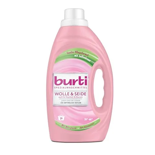 burti WOLLE & SEIDE Waschmittel flüssig – Feinwaschmittel für Wolle, Seide und Daunen - Ideal für feine Textilien: burti WOLLE & SEIDE reinigt sanft und schützt die Fasern ohne Enzyme. Für ca. 29 Wäschen, mit Farb- und Faserschutz – perfekt für empfindliche Wäsche.