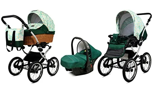 BabyLux Kinderwagen 3in1 mit Autositz für Kleinkinder – Kinderwagen für Neugeborene und Kleinkinder –– Baby Neugeborenen Kinderwagen – 59x105x125cm – Max 15kg – Green Daisy Silver Frame