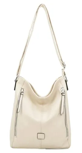 ITALYSHOP24 OBC DAMEN TASCHE Umhängetasche Schultertasche Shopper Crossbody Henkeltasche CrossOver Kunstleder Beuteltasche Handtasche Hobo Bag Reise Beige