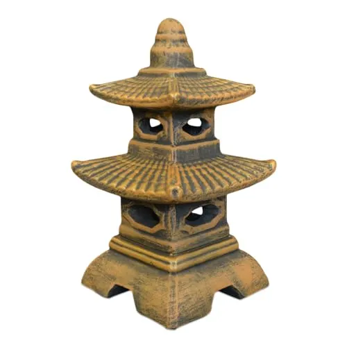 Gartenfigur Japanische Pagode mit Steinlaterne, H. 40 cm - Figuren: Zweistöckige Steinlaterne mit acht Fenstern, ideal für stimmungsvolle Beleuchtung in Gärten und Parks.