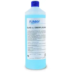 Funny Glas- und Oberflächenreiniger 1L - 12 Rundflaschen - Reinigungsmittel für kraftvolle Fett- und Flüssigkeitsrückstände, ideal für wasserunempfindliche Oberflächen. Einfacher Gebrauch direkt aus der Flasche, umweltfreundlich und ohne Mikroplastik.