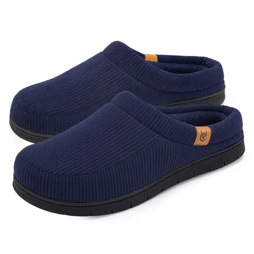 VeraCosy Herren Cord Mokassin Hausschuhe Memory Foam Winter Pantoffeln Dunkles Marineblau, 44-45 EU