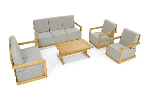 Luxuriöses Holz-Sitzmöbel-Set für die Terrasse - Entdecken Sie das elegante 5-teilige Lounge Set für bis zu 7 Personen. Komfortable Sessel und Sofas mit Rückenlehnen, ideal für entspannte Stunden im Freien. Inklusive Kissen für zusätzlichen Komfort.