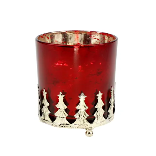 Dekoratives rot/silber/gold Windlicht mt silbernen Tannen Glas/Metall 10x11 cm