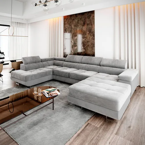 Ecksofa CASONE L-S mit Schlaffunktion - Sofa mit Bettkasten und verstellbaren Kopfstützen, ideal für Gästeübernachtungen und modernen Wohnstil.