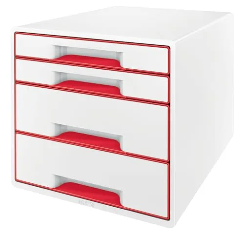 Leitz WOW CUBE Schubladenbox Rot - Schubladenschrank mit 4 Schubfächern, ideal für A4 Plus, in leuchtendem Rot für eine stilvolle und organisierte Aufbewahrung.