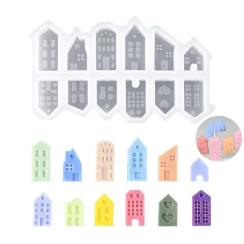 Silikonformen Gießformen Häuser Kerzenformen zum Gießen,12 Stück Mini Silikonform Haus Gips Zum Gießen,Epoxidharz Formen Haus Silikonform für Sojawachs Kerzen DIY Kerzen Seife Gips