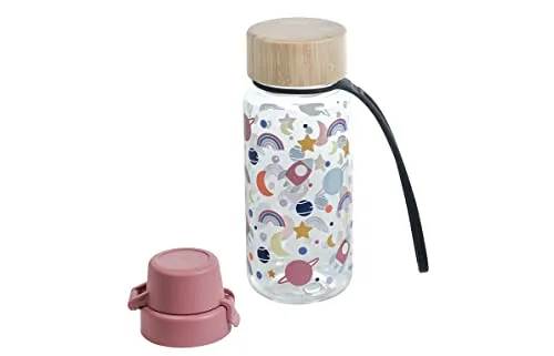 Kindsgut Trinkflasche aus Tritan mit Bambusdeckel und Silikonlasche, 400ml, hochwertige Qualität und bruchsicher, dezente Farben und schönes Design, Weltraum