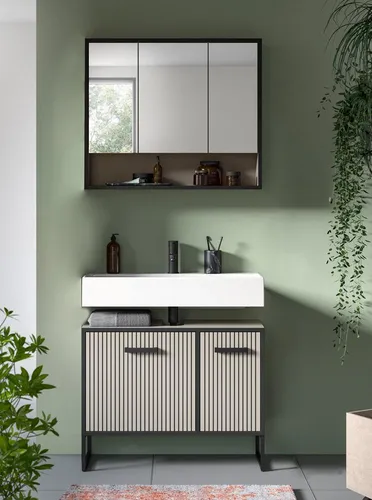 xonox.home Badezimmer Bagno 2tlg. Set - Komplettprogramm für kleine Bäder: 2tlg. Badkombination in Kaschmir beige mit Spiegelschrank und Waschbeckenunterschrank. Bietet optimalen Stauraum und ist pflegeleicht – ideal für moderne Badezimmer.