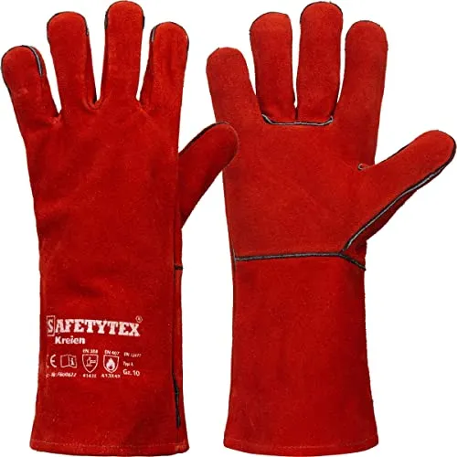 Safetytex Schweißerhandschuhe KREIEN - Hochwertige Lederhandschuhe für optimalen Schutz - Hitzebeständig - Größe 10, Farbe: Rot (1 Paar)