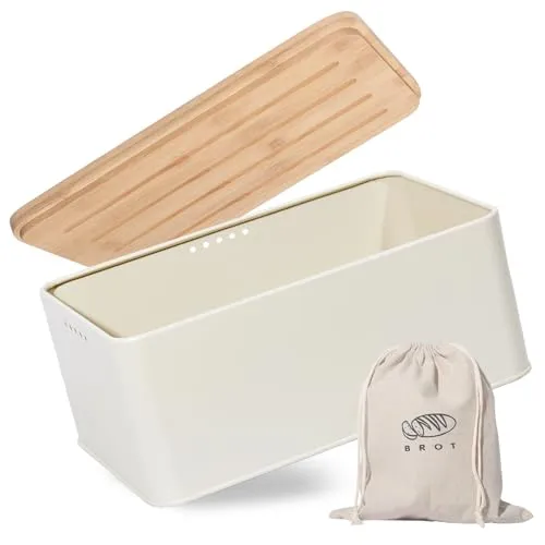 Theo&Cleo Brotkasten mit Schneidebrett , 33x21x15cm , Matte Brotbox mit Bambusdeckel und Leinen Brotbeutel , Rundum Belüftung , Brotkorb für langanhaltende Frische (Beige)
