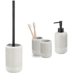 4-teiliges Badaccessoire-Set - Zement Hellgrau - Hochwertiges Zubehör-Set aus Zement in Hellgrau, ideal für Ihr Badezimmer. Enthält Seifenspender, Toilettenbürste und Zahnputzbecher – stilvoll und funktional.