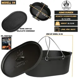 HELO24 Feuertopf Dutch Oven Set Gusseisen Deckelheber Schmortopf Kochbuch 9.3L - O4, Gusseisen 9.3 l